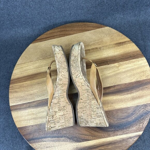 Tory Burch Brown Cork Wedge Heel Thong Sandals Logo Women's 6.5M - Picture 9 of 12